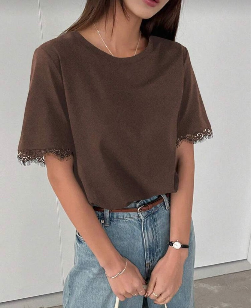 Blusa cafe manga corta encaje